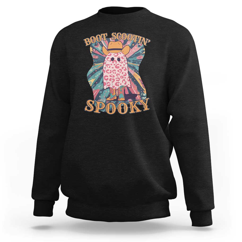 Black crewneck sweatshirt with “Boot Scootin’ Spooky” cowboy ghost graphic on front