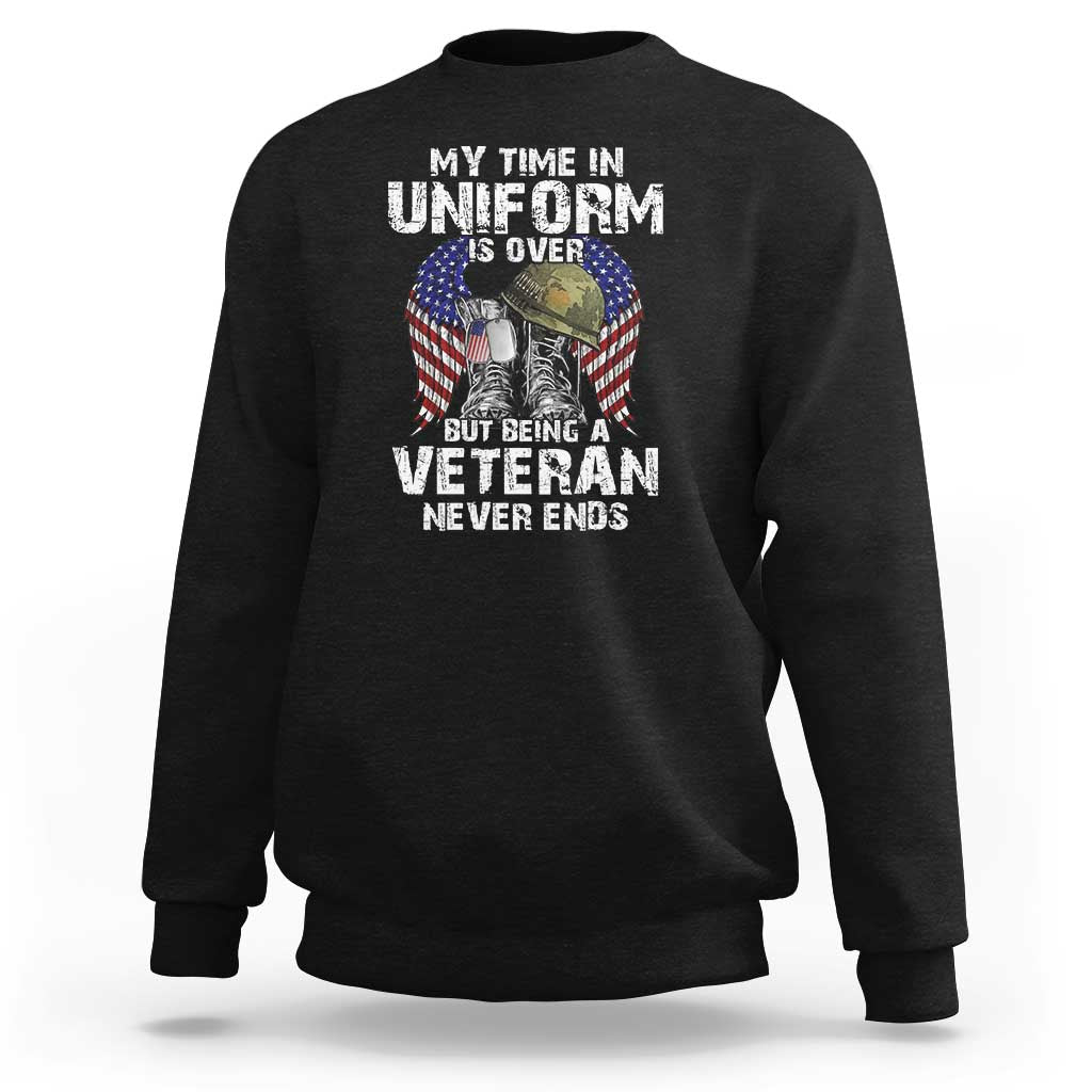 Black veterans sweatshirt with front graphic text and veteran eagle flag design