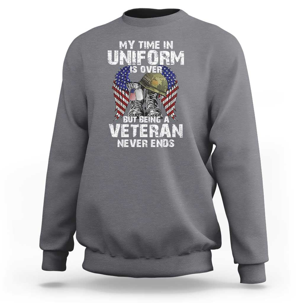 Gray veterans sweatshirt with front graphic text and veteran eagle flag design