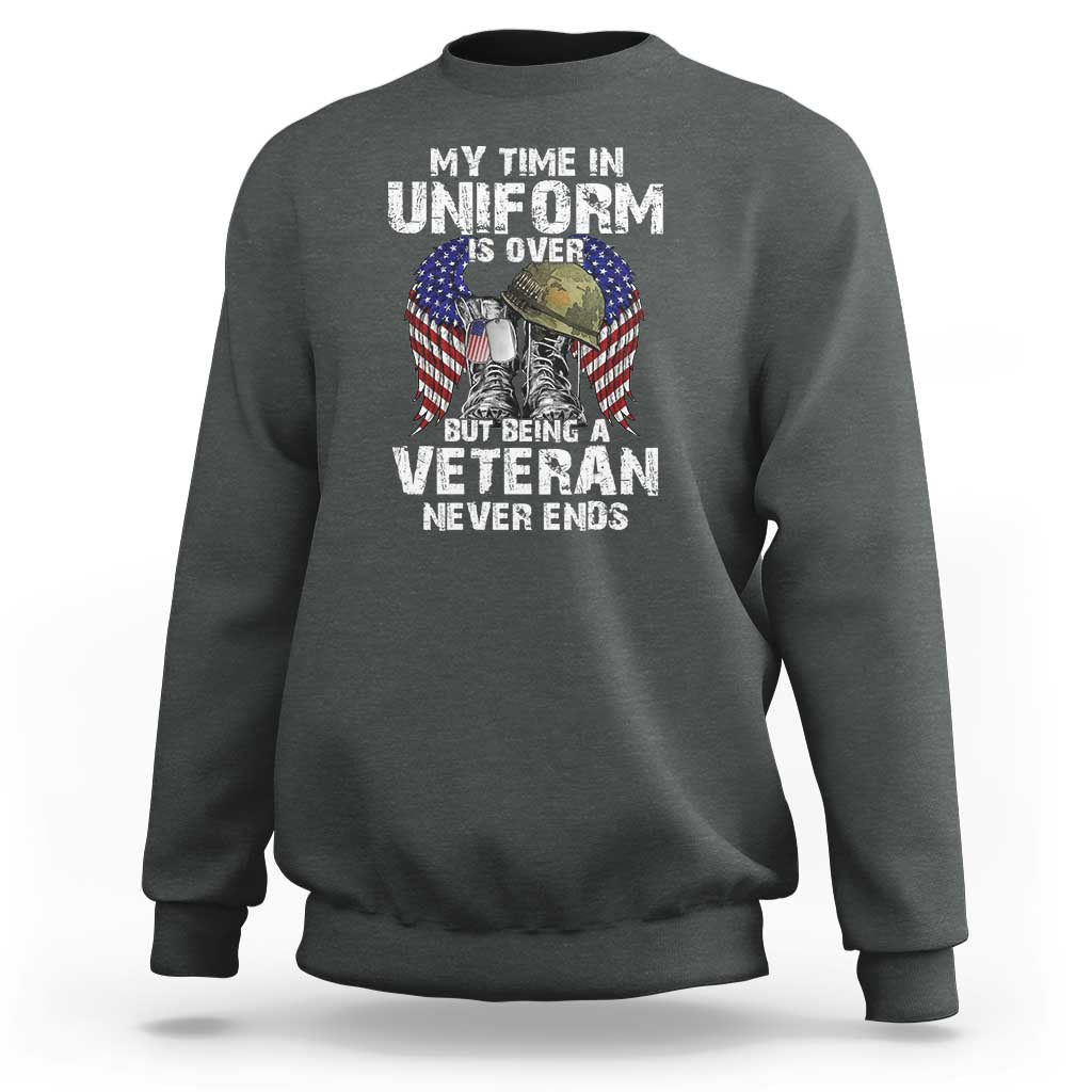 Charcoal veterans sweatshirt with front graphic text and veteran eagle flag design