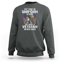 Charcoal veterans sweatshirt with front graphic text and veteran eagle flag design