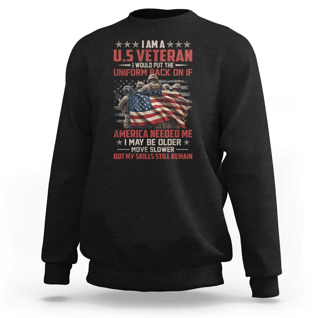 Black crewneck veterans sweatshirt, back graphic with US flag and veteran text