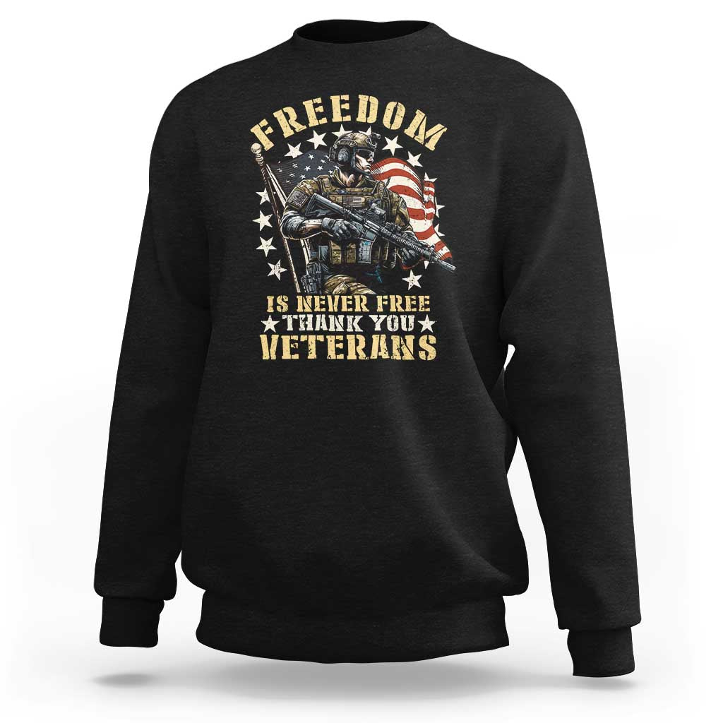 Veterans crewneck sweatshirt, black with patriotic soldier and American flag graphic