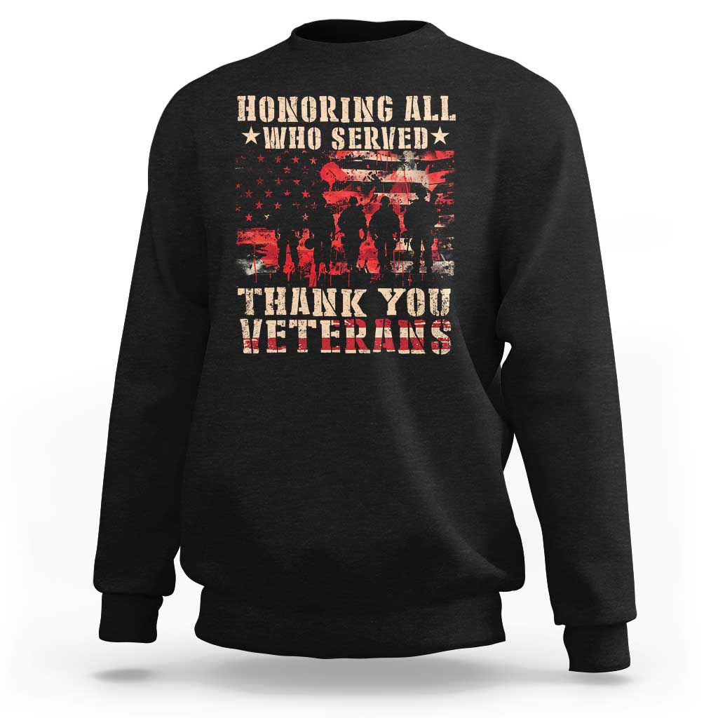 Black crewneck sweatshirt with red patriotic “Thank You Veterans” graphic on front.