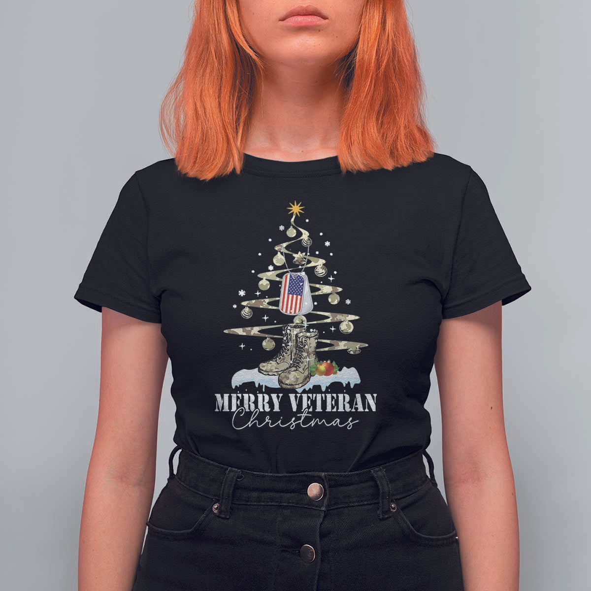 Veteran Day Xmas T Shirt For Women Merry Veteran Christmas Fir Tree Dog Tag Combat Shoes