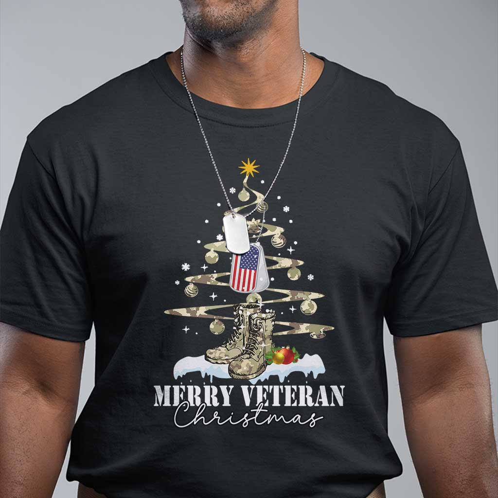 Men's black T-shirt with flag and soldier graphic, 'Merry Veteran Christmas' text