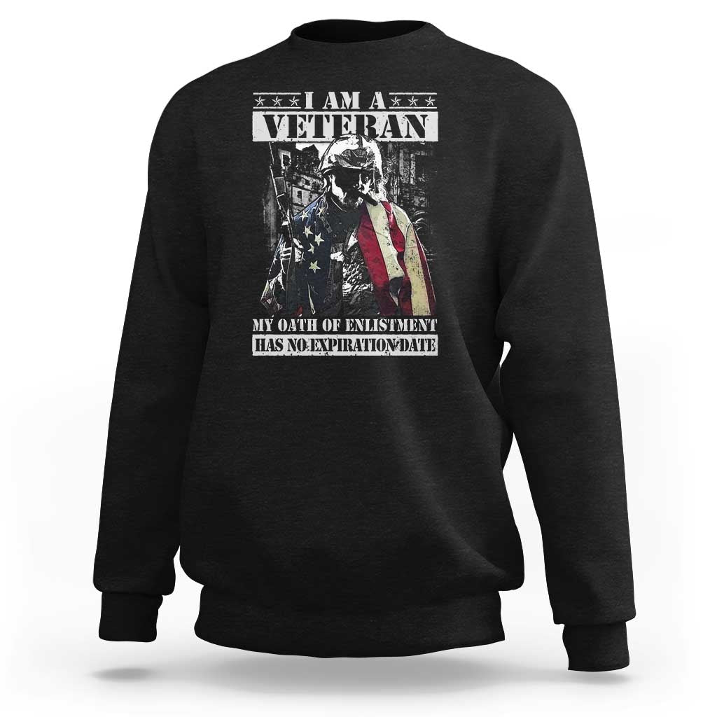 Black veteran sweatshirt with front veteran graphic and oath text