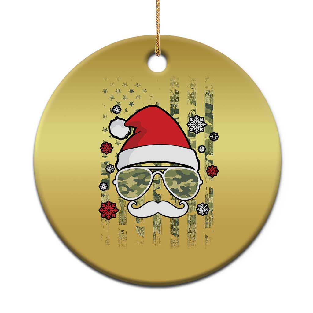 Gold circle Christmas ornament with Santa hat, camo glasses, and mustache graphic