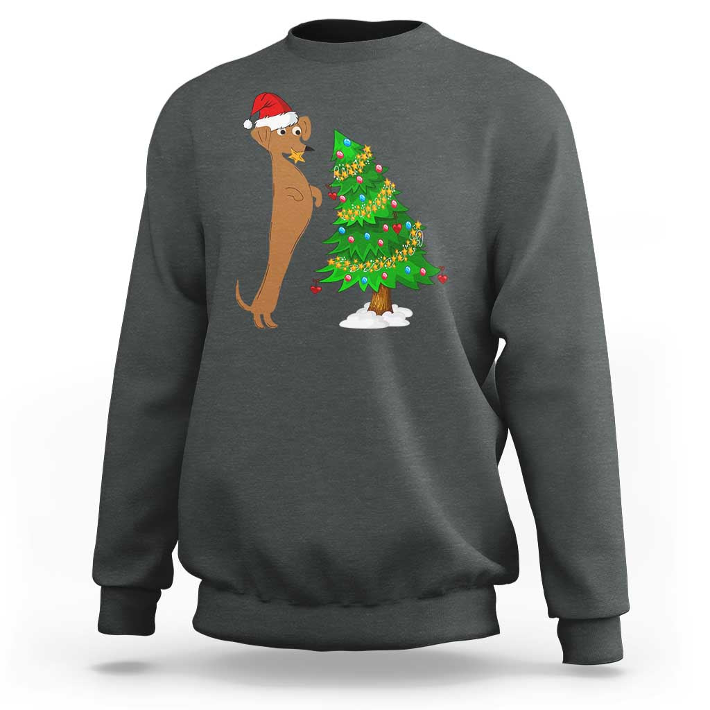 Dark heather gray wiener dog Christmas sweatshirt with Santa hat and decorated tree graphic