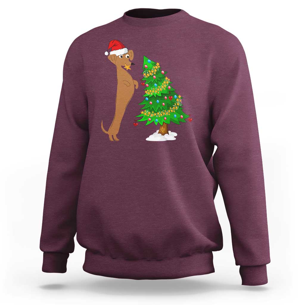 Maroon wiener dog Christmas sweatshirt with Santa hat and decorated Christmas tree graphic