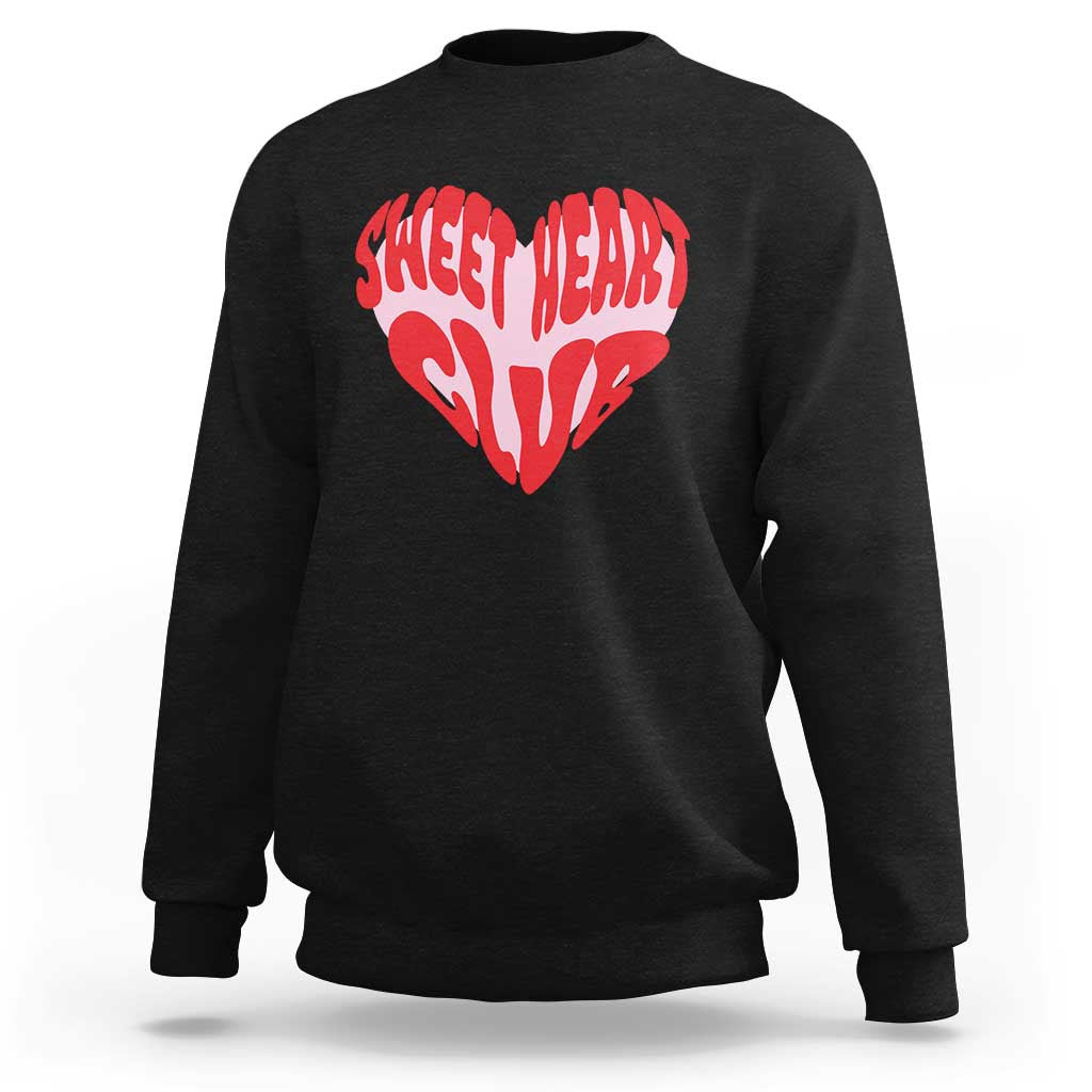 Black crewneck sweatshirt with red “Sweet Heart Club” heart graphic on chest