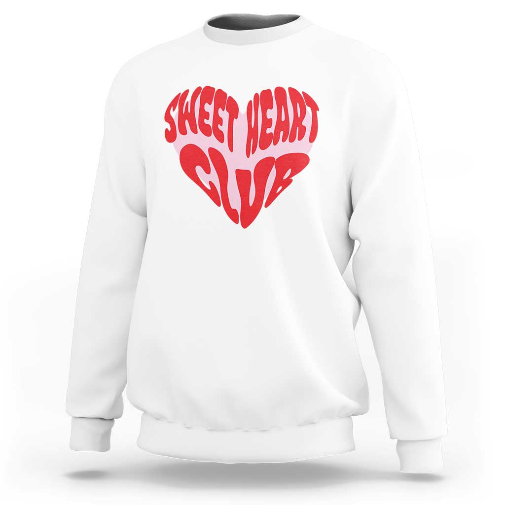 White crewneck sweatshirt with red “Sweet Heart Club” heart graphic on chest