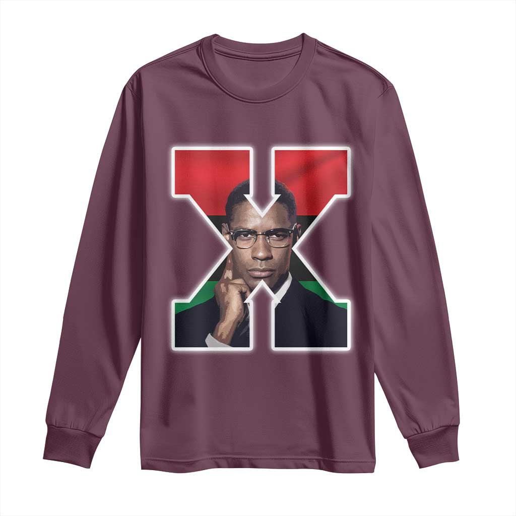 Maroon long-sleeve shirt with large X portrait graphic on front
