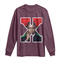 Maroon long-sleeve shirt with large X portrait graphic on front