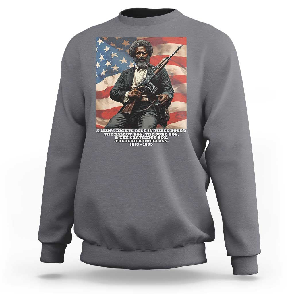 Charcoal sweatshirt with Frederick Douglass American-flag graphic print on front