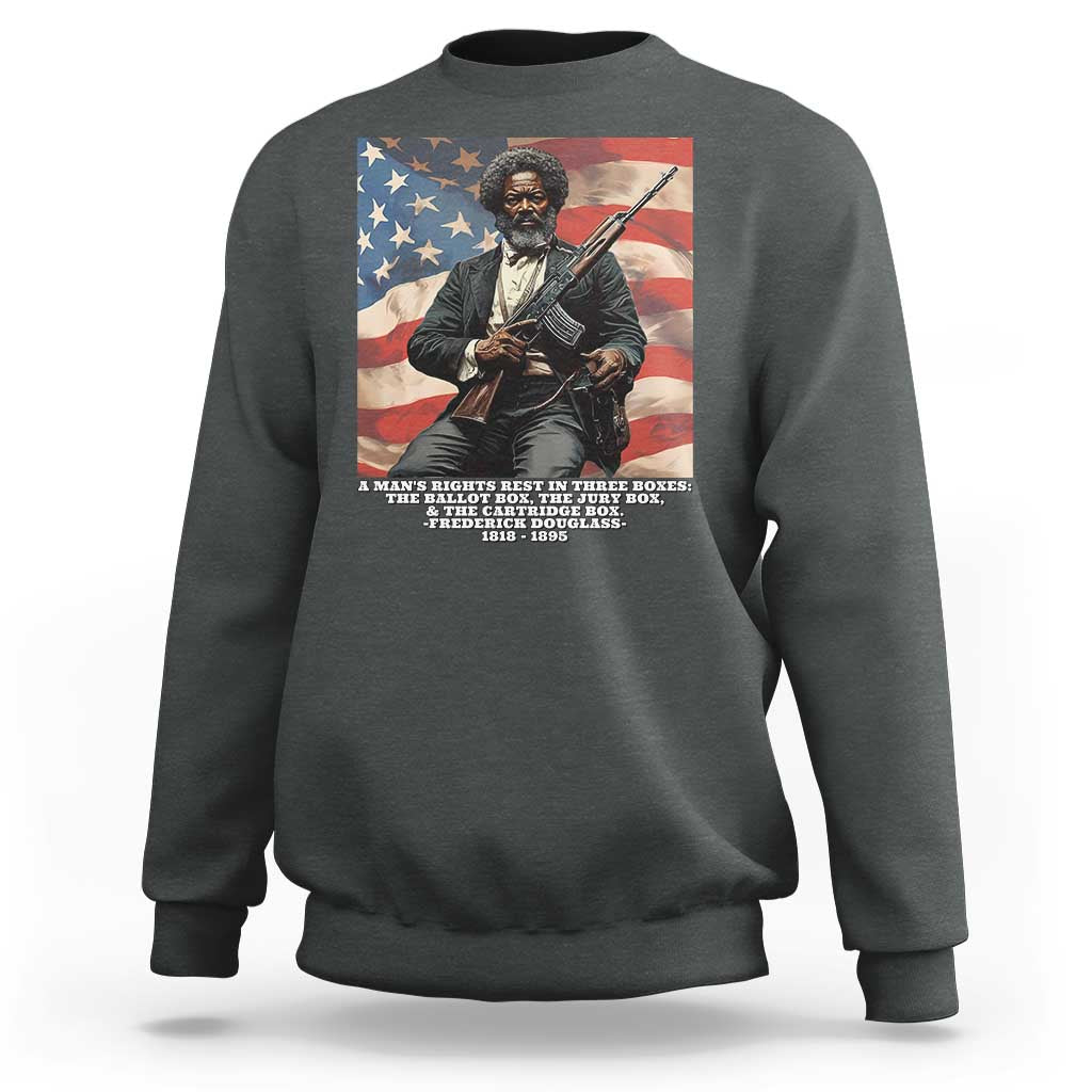 Dark heather gray sweatshirt with Frederick Douglass American-flag graphic print on front