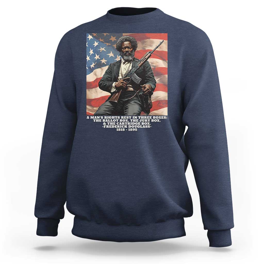 Navy sweatshirt with Frederick Douglass American-flag graphic print on front