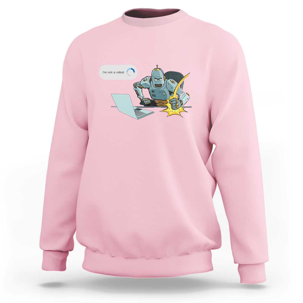 Light pink crewneck sweatshirt with robot captcha graphic on chest.