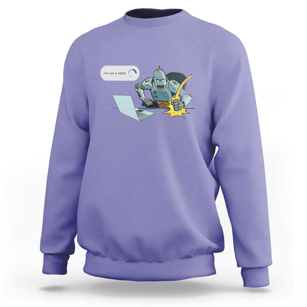 Violet crewneck sweatshirt with robot captcha graphic on chest.