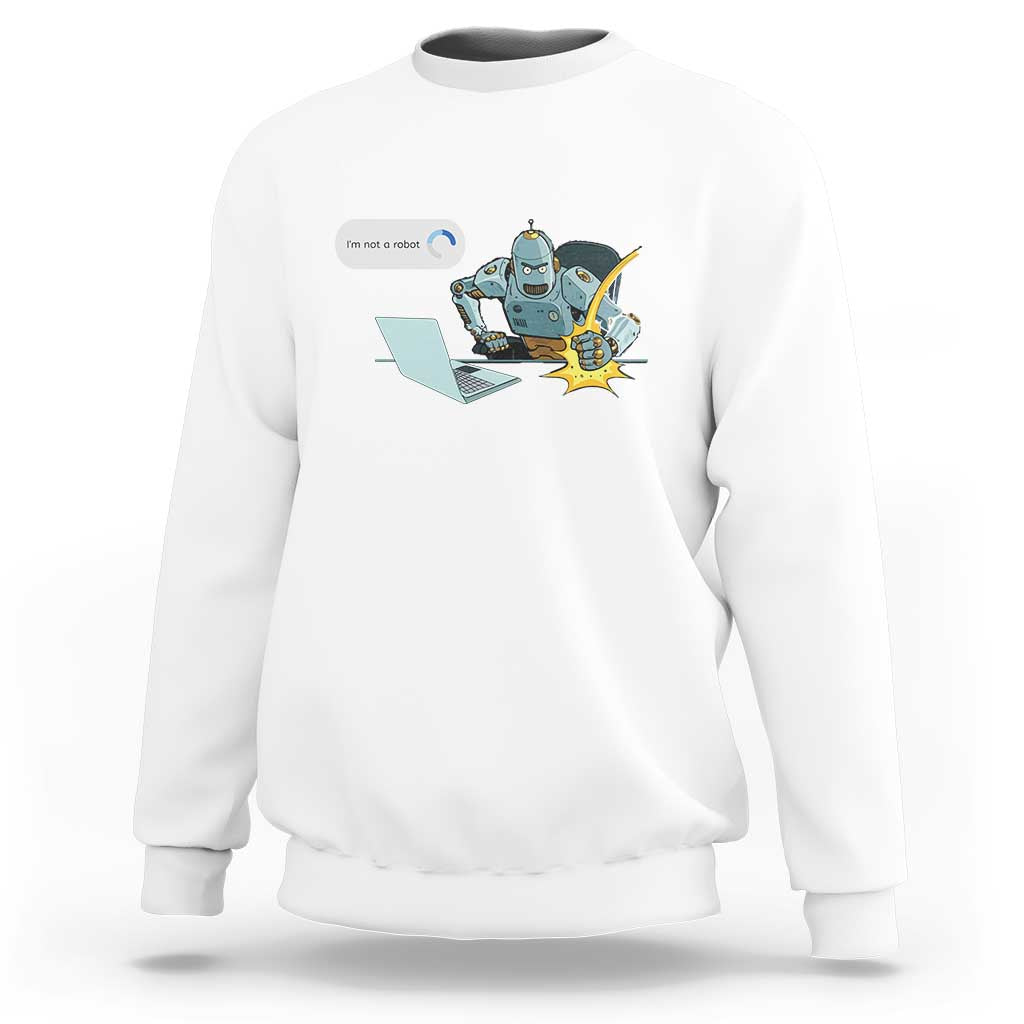 White crewneck sweatshirt with robot captcha graphic on chest.