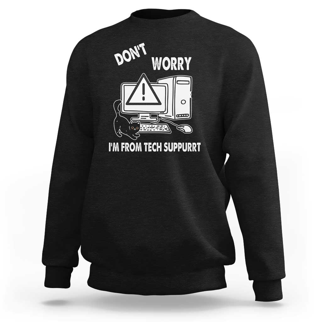 Black crewneck cat tech-suppurrt graphic sweatshirt with long sleeves and ribbed cuffs