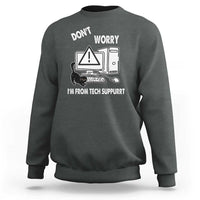 Dark heather crewneck cat tech-suppurrt graphic sweatshirt with long sleeves and ribbed cuffs