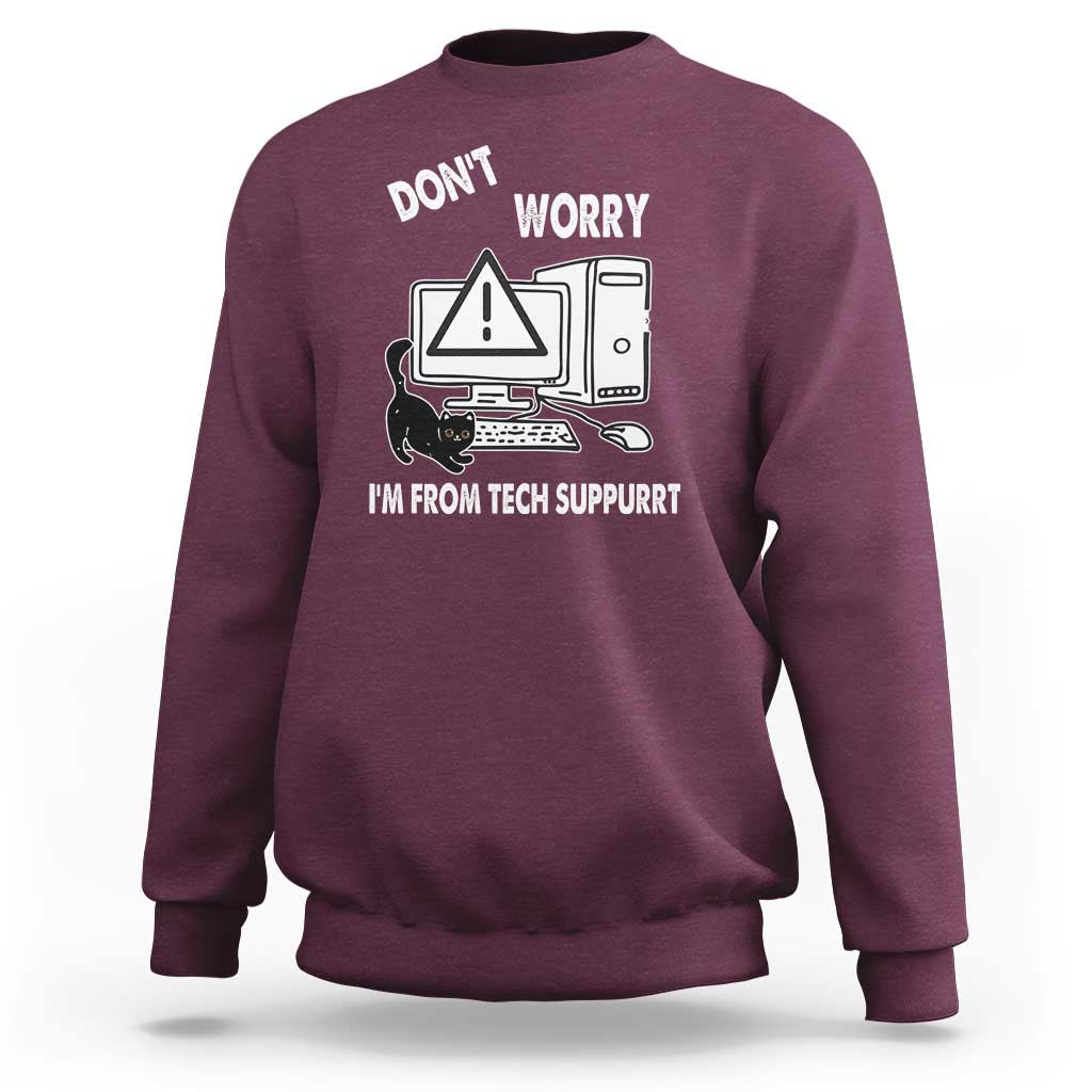 Maroon crewneck cat tech-suppurrt graphic sweatshirt with long sleeves and ribbed cuffs