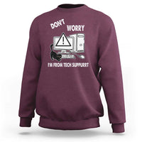 Maroon crewneck cat tech-suppurrt graphic sweatshirt with long sleeves and ribbed cuffs