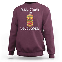 Maroon crewneck sweatshirt with “FULL STACK DEVELOPER” burger graphic