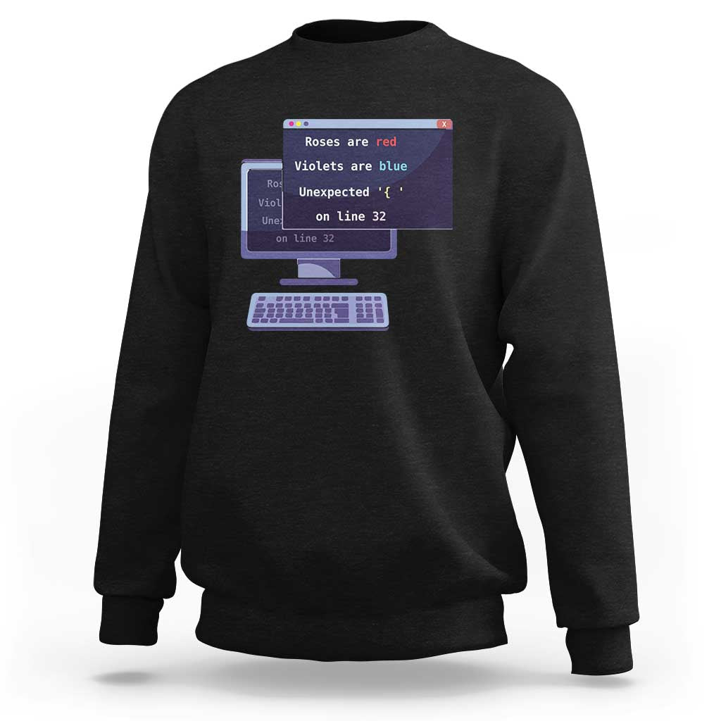 Black crewneck sweatshirt with code window and keyboard graphic on front