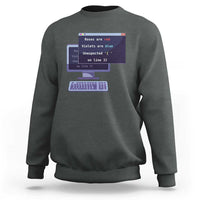 Dark heather crewneck sweatshirt with code window and keyboard graphic on front