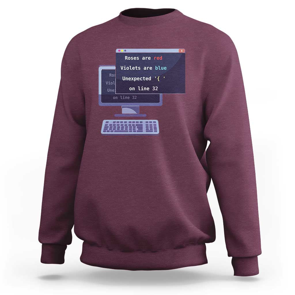 Maroon crewneck sweatshirt with code window and keyboard graphic on front