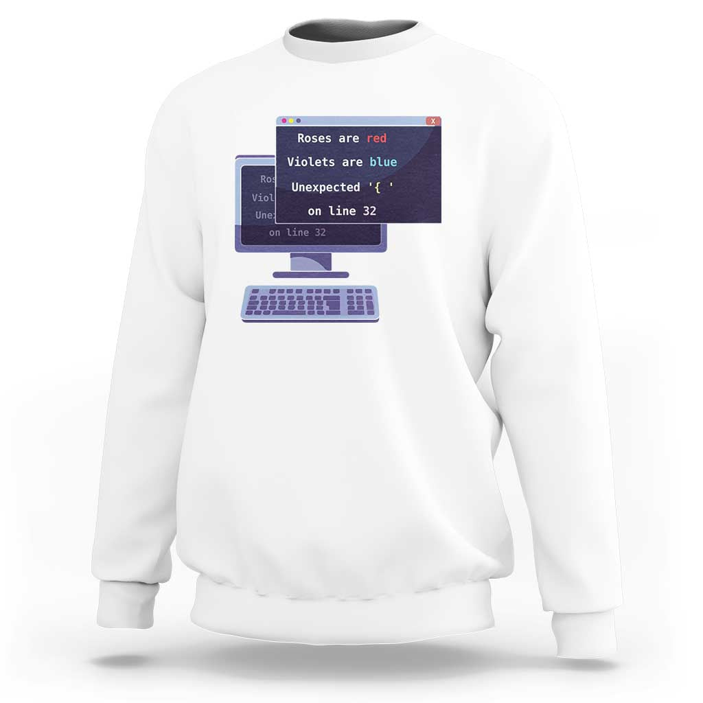 White crewneck sweatshirt with code window and keyboard graphic on front