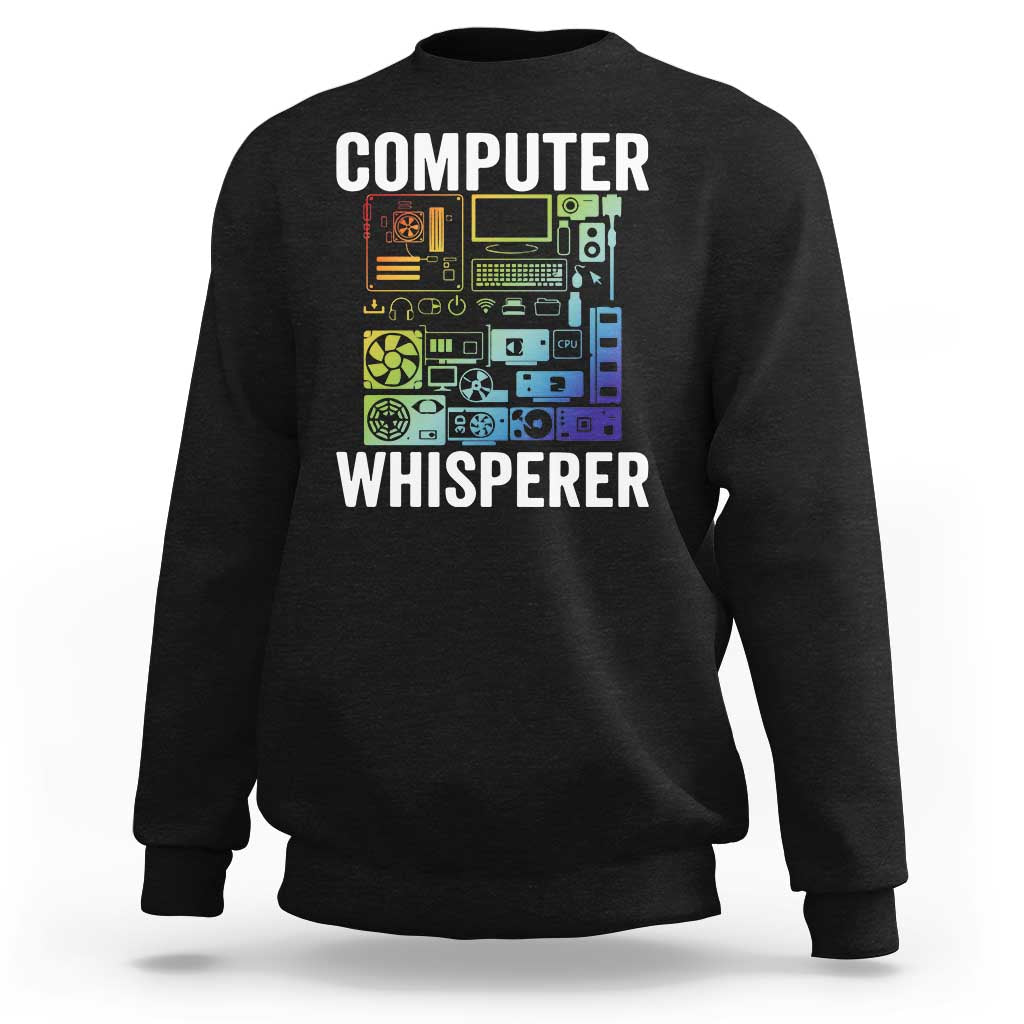 Black crewneck sweatshirt with “COMPUTER WHISPERER” circuit-board graphic
