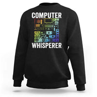 Black crewneck sweatshirt with “COMPUTER WHISPERER” circuit-board graphic