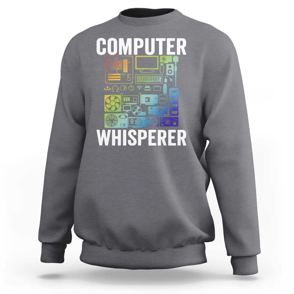 Charcoal crewneck sweatshirt with “COMPUTER WHISPERER” circuit-board graphic