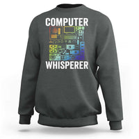 Dark heather crewneck sweatshirt with “COMPUTER WHISPERER” circuit-board graphic