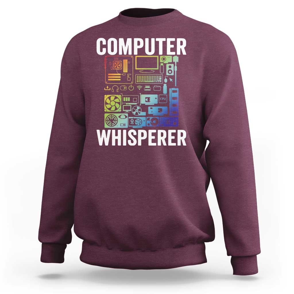 Maroon crewneck sweatshirt with “COMPUTER WHISPERER” circuit-board graphic