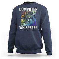 Navy crewneck sweatshirt with “COMPUTER WHISPERER” circuit-board graphic