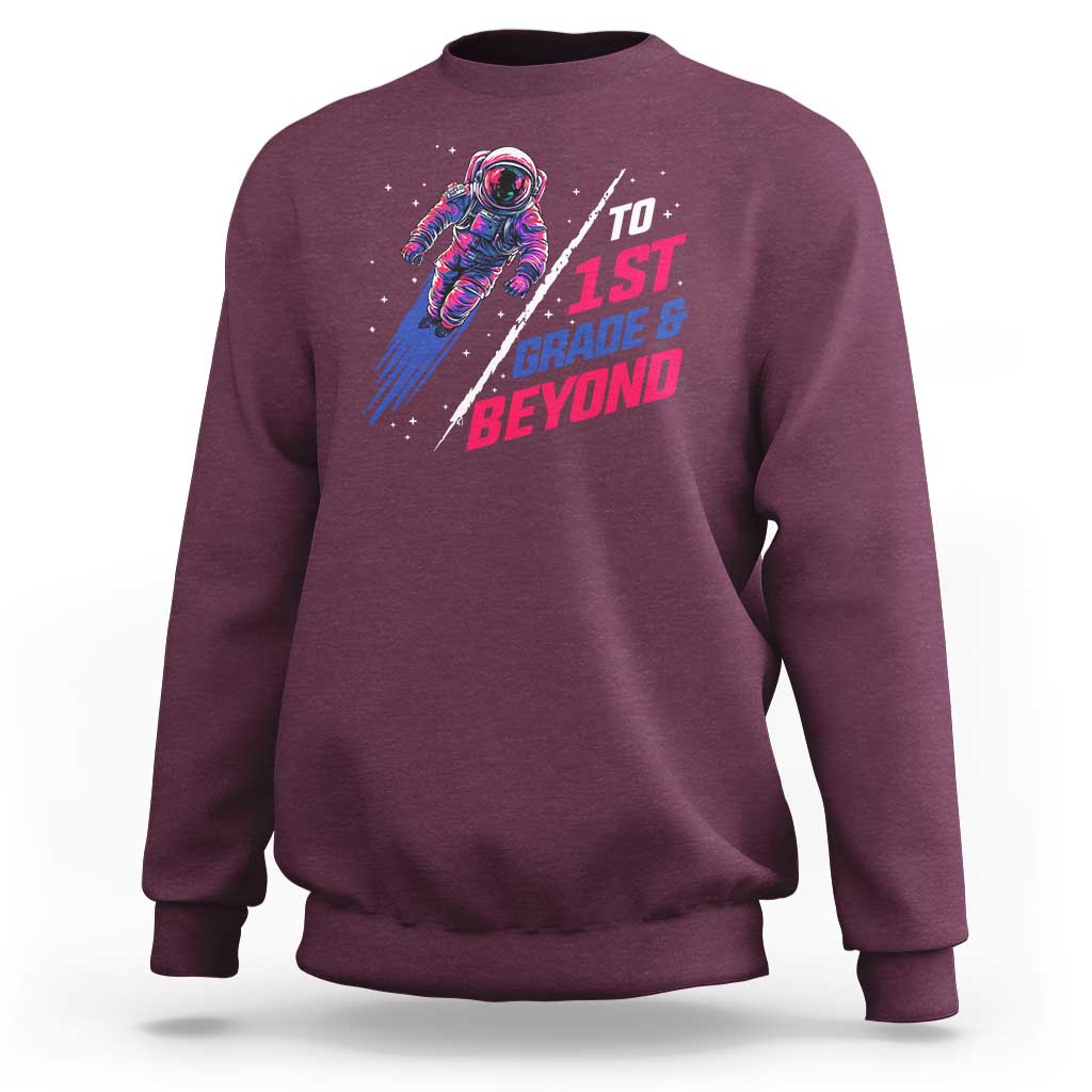 Kids space sweatshirt, maroon, colorful astronaut “To 1st Grade and Beyond” graphic