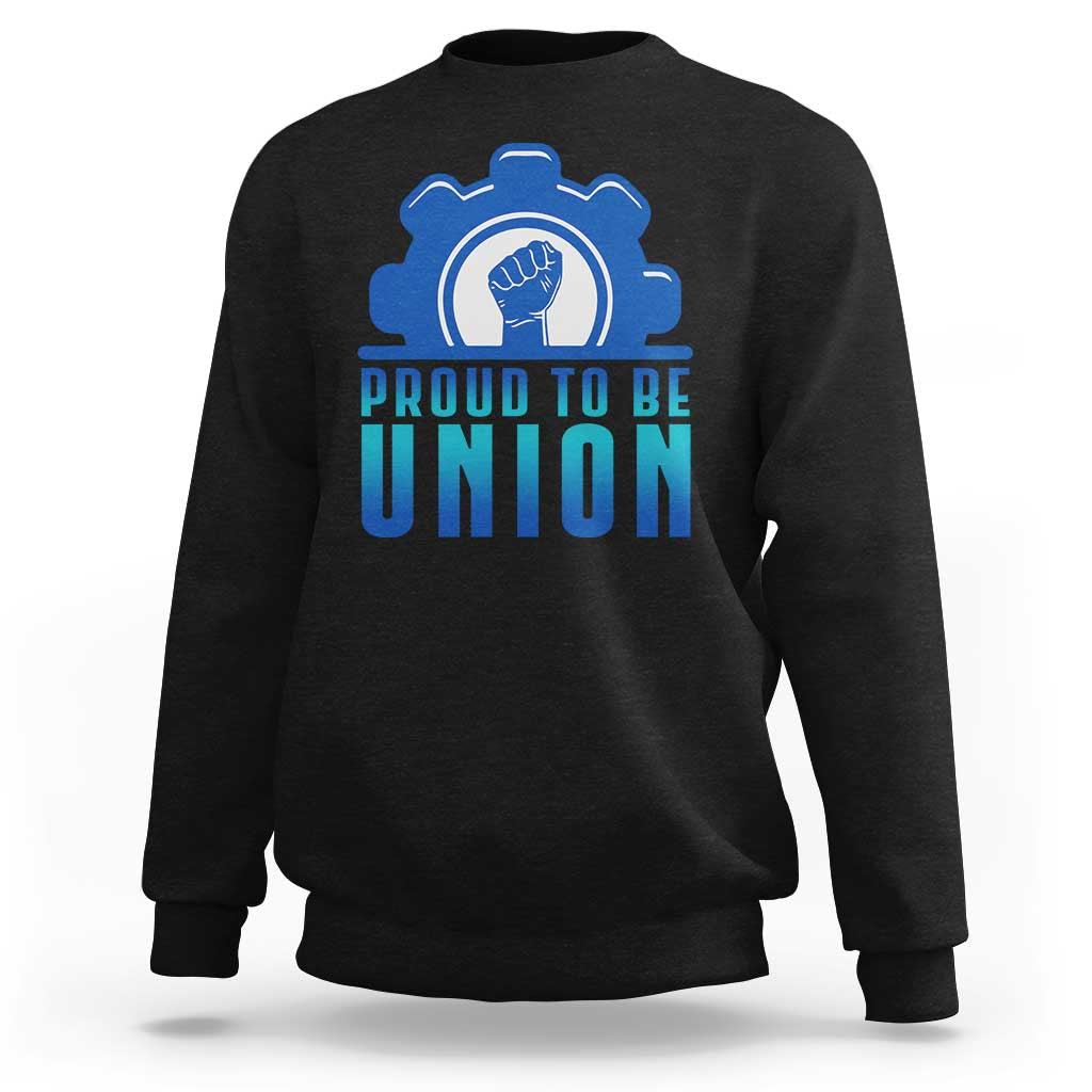 Black sweatshirt with union emblem and raised-fist graphic on front