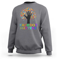 Charcoal sweatshirt with colorful dot tree graphic and 'Each Dot Matters' text
