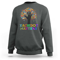 Dark forest green sweatshirt with colorful dot tree graphic and 'Each Dot Matters' text