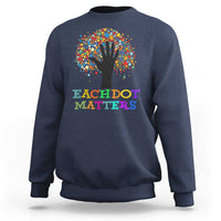 Navy sweatshirt with colorful dot tree graphic and 'Each Dot Matters' text
