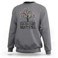 Gray sweatshirt with colorful dot tree graphic and “HAPPY DOT MATTERS” front print