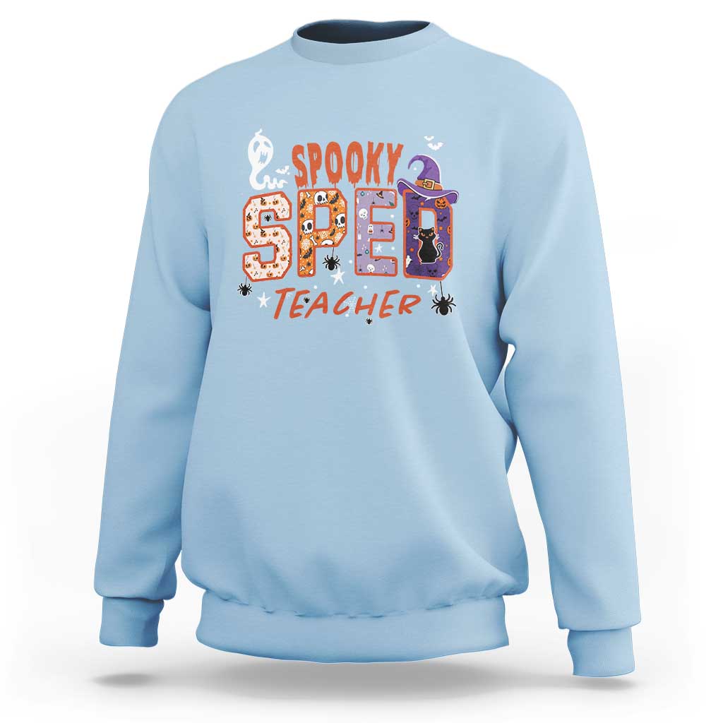 Ice gray crewneck sweatshirt with colorful spooky 2 teacher graphic