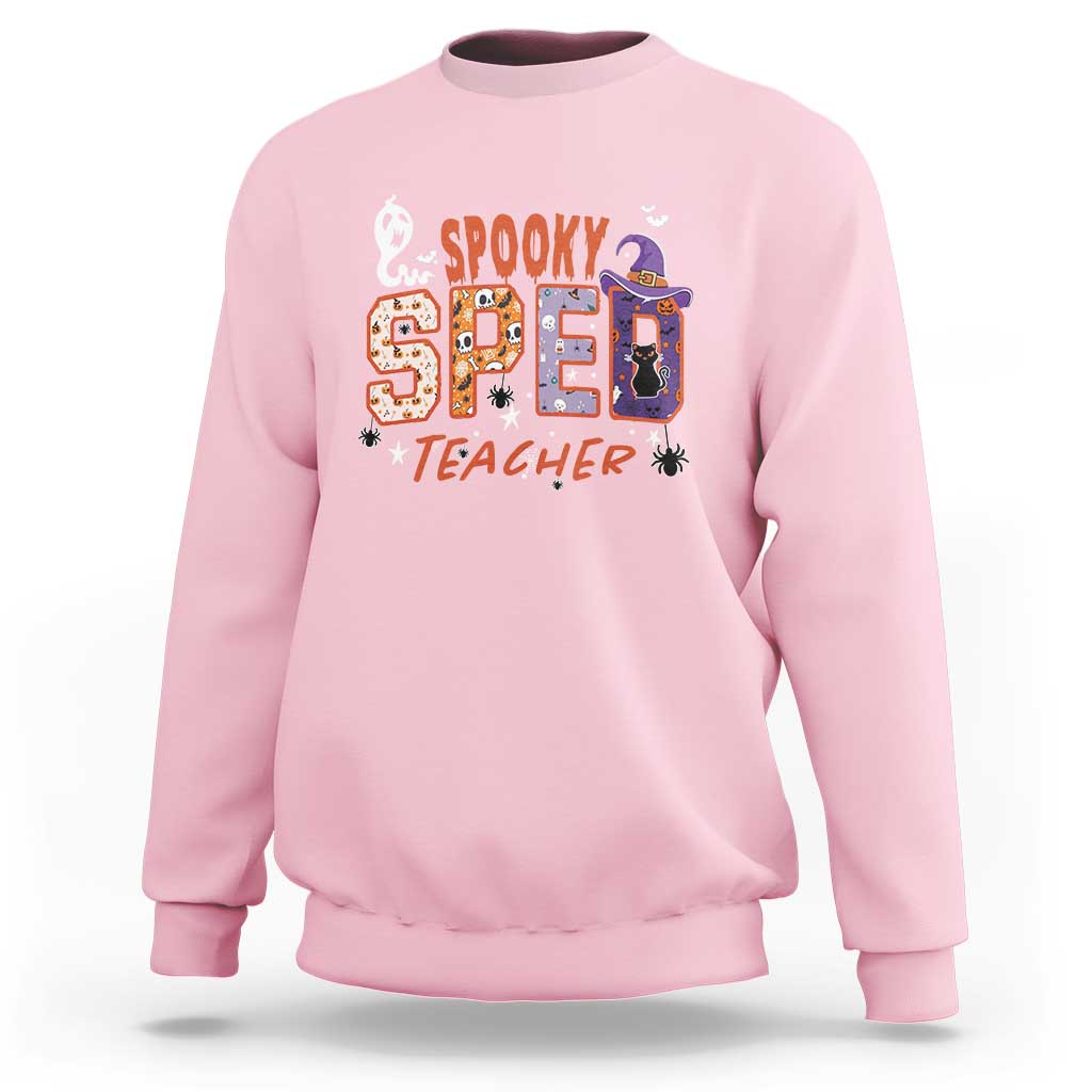 Light pink crewneck sweatshirt with colorful spooky 2 teacher graphic