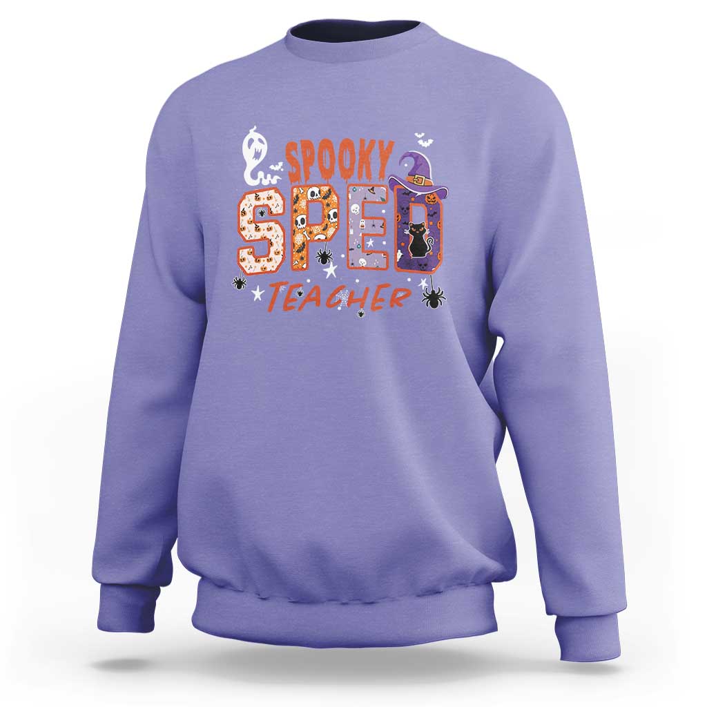 Lavender crewneck sweatshirt with colorful spooky 2 teacher graphic