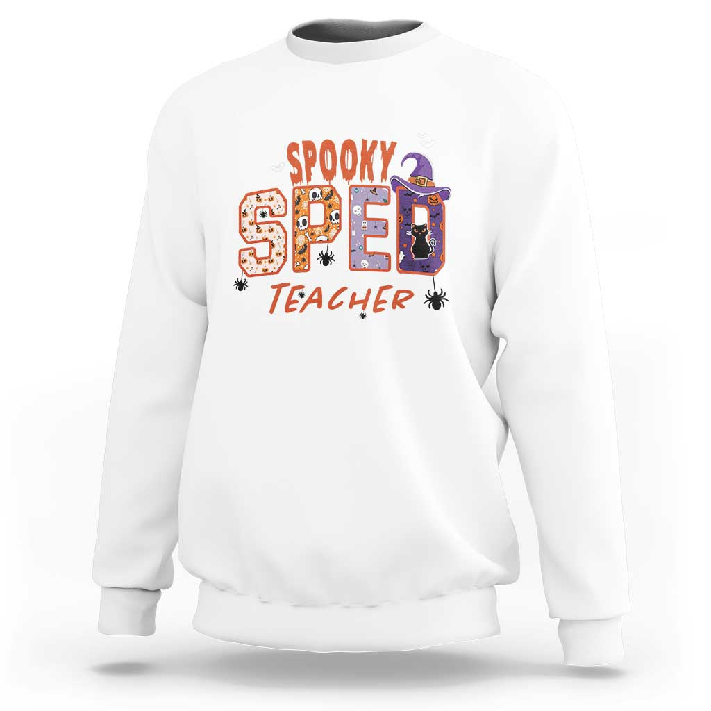 White crewneck sweatshirt with colorful spooky 2 teacher graphic