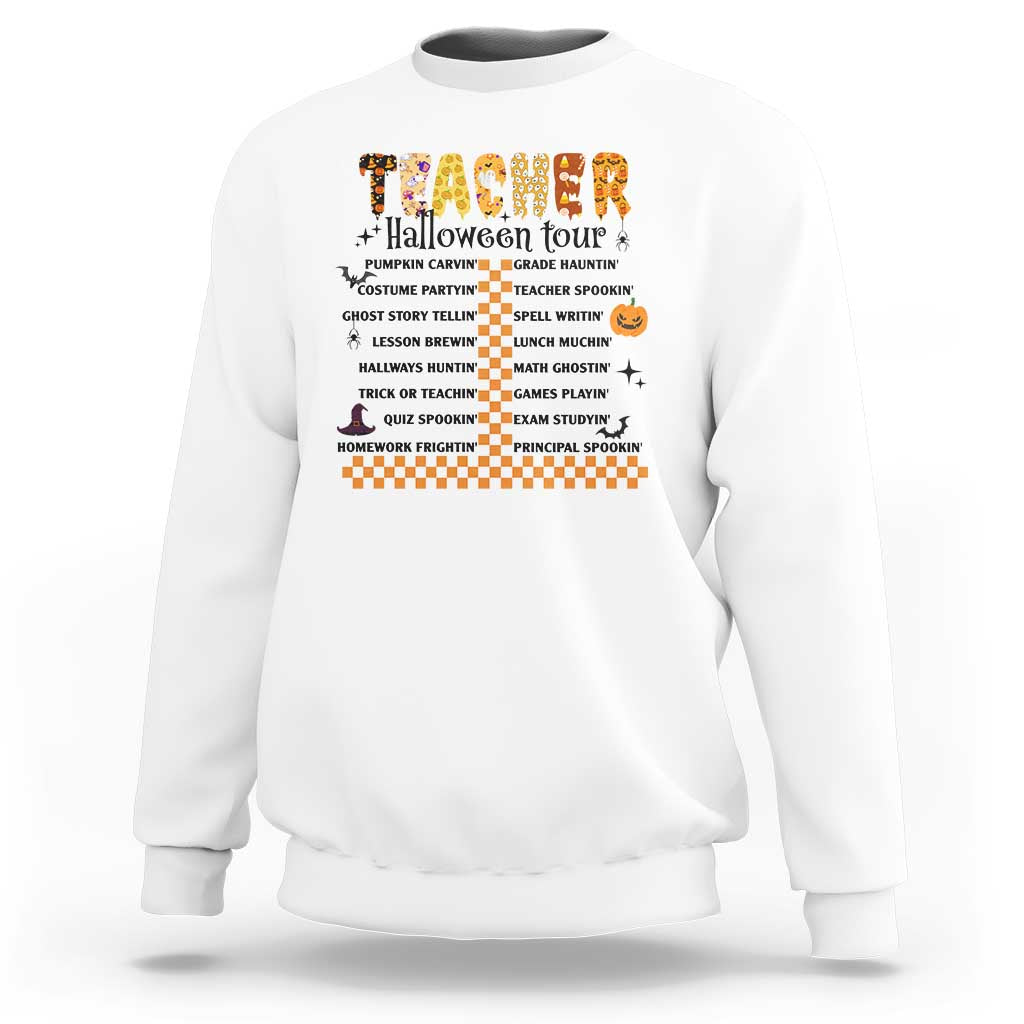 White Halloween teacher tour sweatshirt with spooky graphic text and checker stripe